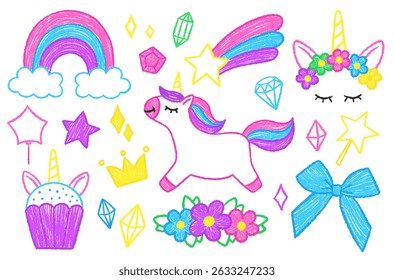 Unicórnio, arco, coroa, diamantes, arco-íris. Ilustração vetorial com textura pastel e giz