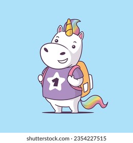 Unicorn boy pupil - student, happy character with backpack vector cartoon illustration