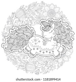 Unicorn in branchlets. Coloring book for adult and older children. Outline drawing coloring page.