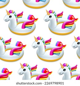 Unicornio brillante multicolor sobre un fondo blanco sin fisuras. Juguete para nadar, diseño para decorar objetos de vacaciones de verano. Vector.