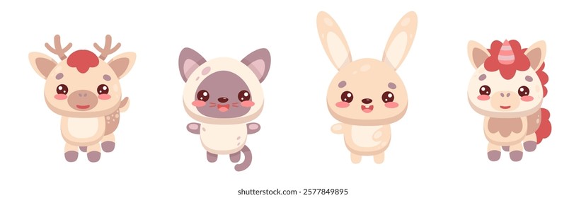 Unicorn, bunny, fawn, kitten cartoon characters. A set of cute children s cartoon characters. Vector fabulous elements for invitations, wallpapers, patterns. Isolated white background.