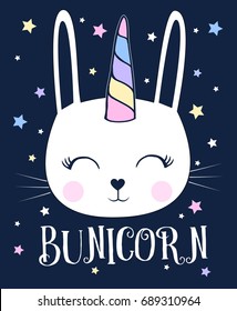 Unicorn bunny  t-shirt design with slogan. Vector illustration design for fashion fabrics, textile graphics, prints.