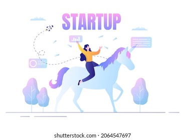 Unicorn Business Startup Symbol Vector Illustration. Businessman of Development Process, Innovation Product, and Creative Idea See the Goal to be Successful 