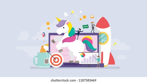 Unicorn Business Startup Tiny People Character Concept Vector Illustration, Suitable For Wallpaper, Banner, Background, Card, Book Illustration, And Web Landing Page