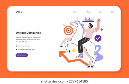 Unicorn business web banner or landing page. New company valued at over 1 billion of dollars. Innovative and creative startup, successful business venture. Flat vector illustration