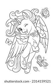 Unicorn and butterflies contour. Pony vector. Unicorns vector. Coloring book page unicorn. Children background. Animals coloring page. Animals vector. Magic unicorn cartoon. Sketch animals