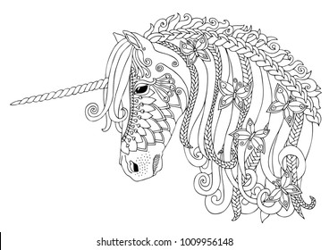 Unicorn with butterflies. Hand drawn fantasy horse. Sketch for anti-stress adult coloring book in zen-tangle style. Vector illustration  for coloring page.