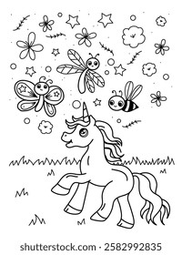 Unicorn with butterfly, bee, dragonfly and flowers in meadow. Black and white coloring.