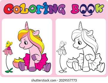 Unicorn with butterfly. Coloring pages for children.