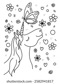 Unicorn with butterfly and flowers. Black and white coloring.