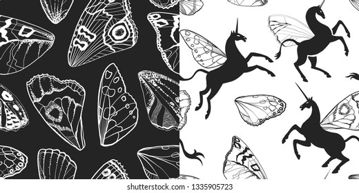 Unicorn with butterfly wings set. Butterfly wings ornament. Seamless pattern. Pegasus silhouette isolated on white background. Unicorn logo.