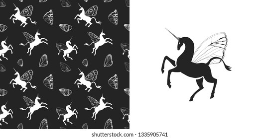 Unicorn with butterfly wings set. Seamless pattern. Pegasus silhouette isolated on white and black background. Hand drawn illustration.