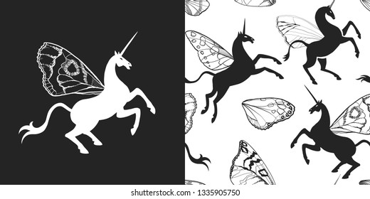Unicorn with butterfly wings set. Seamless pattern. Pegasus silhouette isolated on white and black background. Hand drawn illustration. Unicorn logo.
