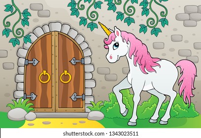 Imagen de tema 1 de Unicornio por puerta antigua - ilustración vectorial eps10.