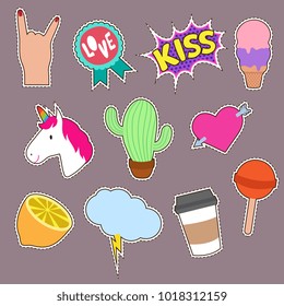 Unicorn, cactus, kiss embroidery word icons. Cute fashion girl patches vector collection. Girl cartoon patch sticker, lollipop and hand gesture, lemon and cactus illustration