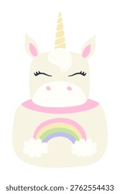 Unicorn cake with cute face, rainbow, pastel color birthday cake illustration isolated. Birthday celebration, sweet food, dessert, kids party clip art, design element. Hand drawn flat vector