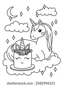 Unicorn cake. Unicorn with cake. Happy birthday. Black and white coloring.