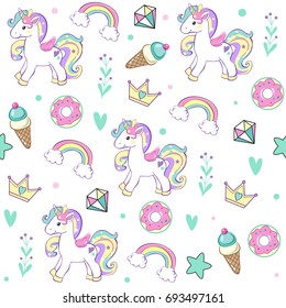 Unicorn with Cake, ice cream, crown, diamond seamless pattern