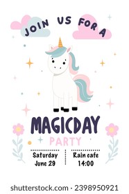 Unicorn with cake. Party invitation template for birthday, greeting card with unicorn and stars. Birthday card, banner, invitation, flyer.