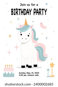 Unicorn with cake. Party invitation template for birthday, greeting card with unicorn and stars. Birthday card, banner, invitation, flyer.