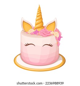 Unicorn cake vector illustration. Cartoon isolated cake with pink cream for birthday party, carnival or anniversary, cute horn and candy flowers, ears of unicorn character decorate sweet dessert