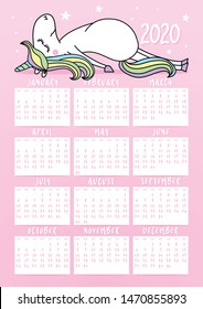 Unicorn calendar for 2020 year. Cute girly design, printable planner of 12 months with cute pony horse. Week starts on Sunday. Standard size, ready to print.