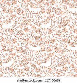 Unicorn. Candy and cupcakes. Seamless vector pattern (background).