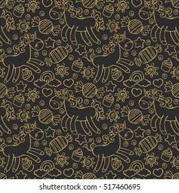 Unicorn. Candy and cupcakes. Seamless vector pattern (background).