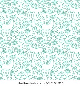 Unicorn. Candy and cupcakes. Seamless vector pattern (background).