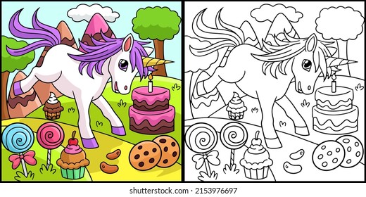 Unicorn In Candy Land Coloring Page Illustration