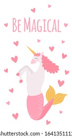 Unicorn capricorn magical creature, cute hand drawn fantasy animal, vector illustration. Fairytale cartoon character, romantic capricorn horse with fish tail, unicorn childish drawing. Magical animal