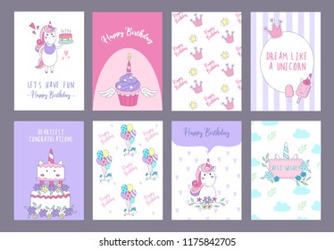 Unicorn cards set for Birthday party invitation, greeting cards or posters. Vector illustration
