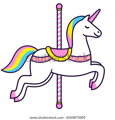 Unicorn carousel horse isolated vector illustration. Cute cartoon white unicorn with rainbow sparkles.