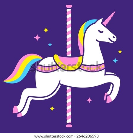 Unicorn carousel horse vector illustration. Cute cartoon white unicorn with rainbow sparkles on purple background.