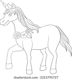 Unicorn cartoon black and white vector line art