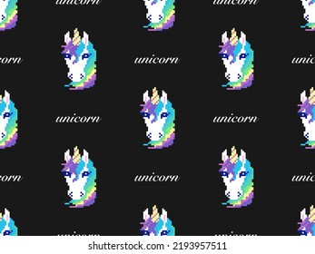 Unicorn cartoon character seamless pattern on black background. Pixel style