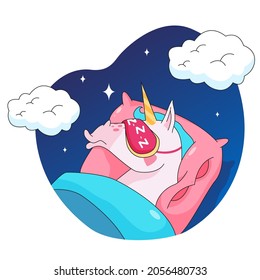 Unicorn cartoon character sleeping in bed sticker. Cute emoticon of fairy horse dreaming in sleep mask flat vector illustration isolated on white background. Fairytale, fantasy, sleep concept