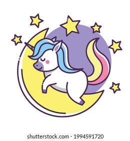 Personaje de caricatura de Unicornio durmiendo en media luna y estrellas en el fondo. Ilustración secundaria de vector circular. Adecuado para decoración de guardería infantil o tarjetas de invitación para fiestas de cumpleaños.