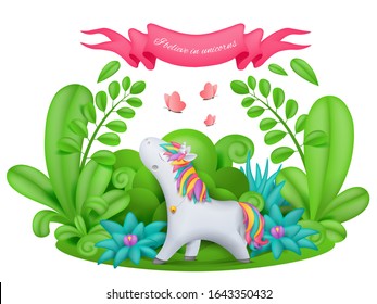 personaje de caricatura de unicornio parado en el jardín mágico. Ilustración del vector