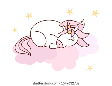 Unicorn cartoon character surrounded by clouds and stars hand drawn in kawaii style. Vector illustration with outline. Cute girly design for print.