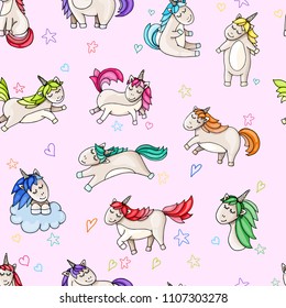 Unicorn cartoon, color seamless pattern, hand drawing, vector illustration