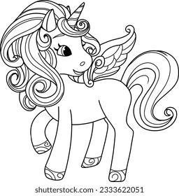 Unicorn cartoon coloring book page isolated on white background.