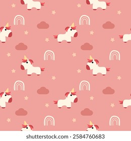 Unicorn cartoon so cute. On cloud star rainbow pink background. Pattern seamless vector illustration. 