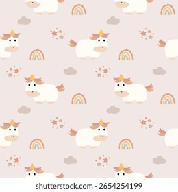Dibujos animados de unicornio tan lindo. En el fondo de la estrella del arco iris de la nube. Patrón de Ilustración vectorial sin fisuras. 