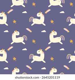Desenho de unicórnio tão fofo. No fundo roxo da nuvem de estrela de meteoro. Ilustração de vetor uniforme de padrão. 