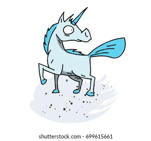 Unicorn cartoon hand drawn image. Original colorful artwork, comic childish style drawing.