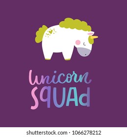 Unicorn cartoon with hand written lettering inscription positive quote, calligraphy vector illustration. Slogan design for poster, greeting card, t-shirt, invitation, baby shower, birthday, room decor