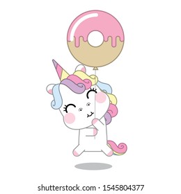 Unicorn cartoon with holding donut balloon, baby animal, Kawaii  Vector illustration.