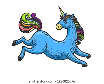 Unicorn cartoon legendary creature color sketch engraving vector illustration. T-shirt apparel print design. Scratch board imitation. Black and white hand drawn image.