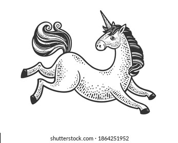 Unicorn cartoon legendary creature sketch engraving vector illustration. T-shirt apparel print design. Scratch board imitation. Black and white hand drawn image.